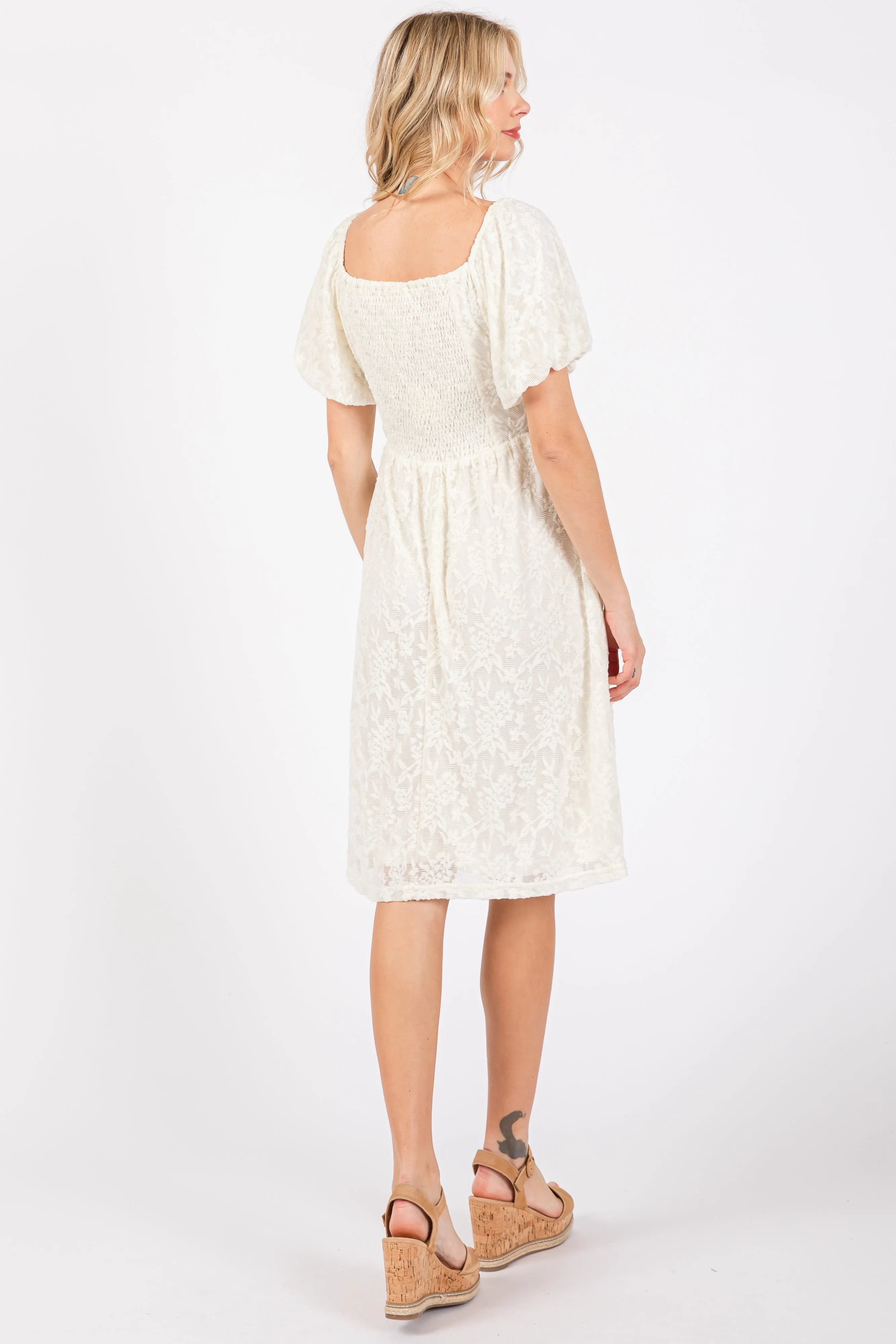 Ivory Lace Puff Sleeve Dress