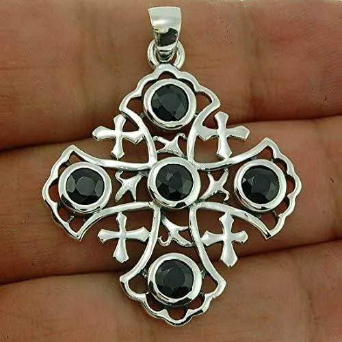 Jerusalem Cross Black Onyx Silver Pendant 925 Solid Sterling Silver