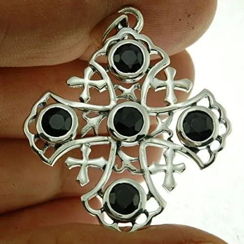 Jerusalem Cross Black Onyx Silver Pendant 925 Solid Sterling Silver