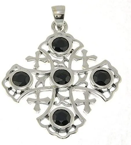 Jerusalem Cross Black Onyx Silver Pendant 925 Solid Sterling Silver