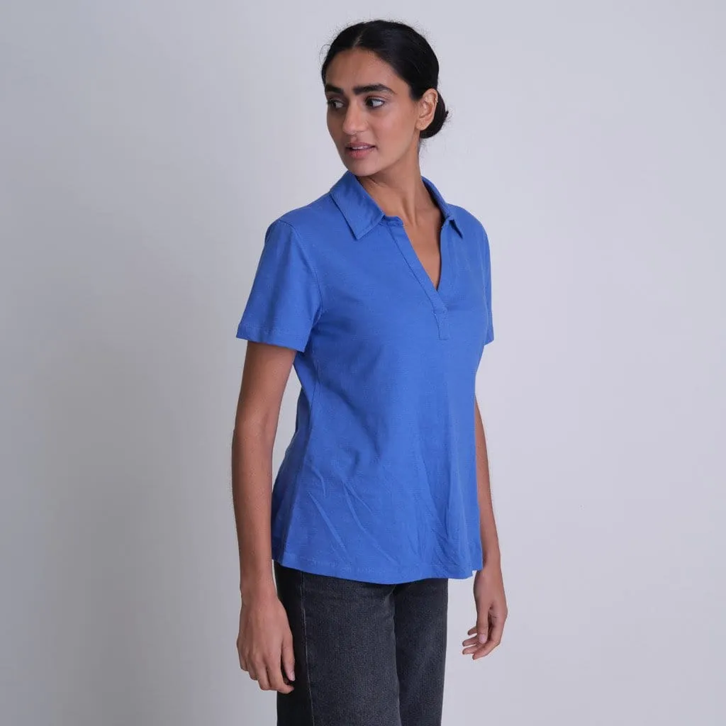 Josie Organic Cotton Jersey Polo Neck T | Ocean Blue