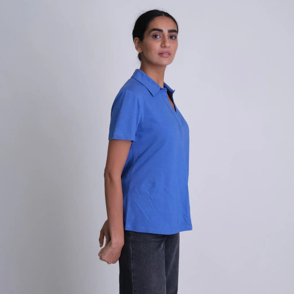 Josie Organic Cotton Jersey Polo Neck T | Ocean Blue