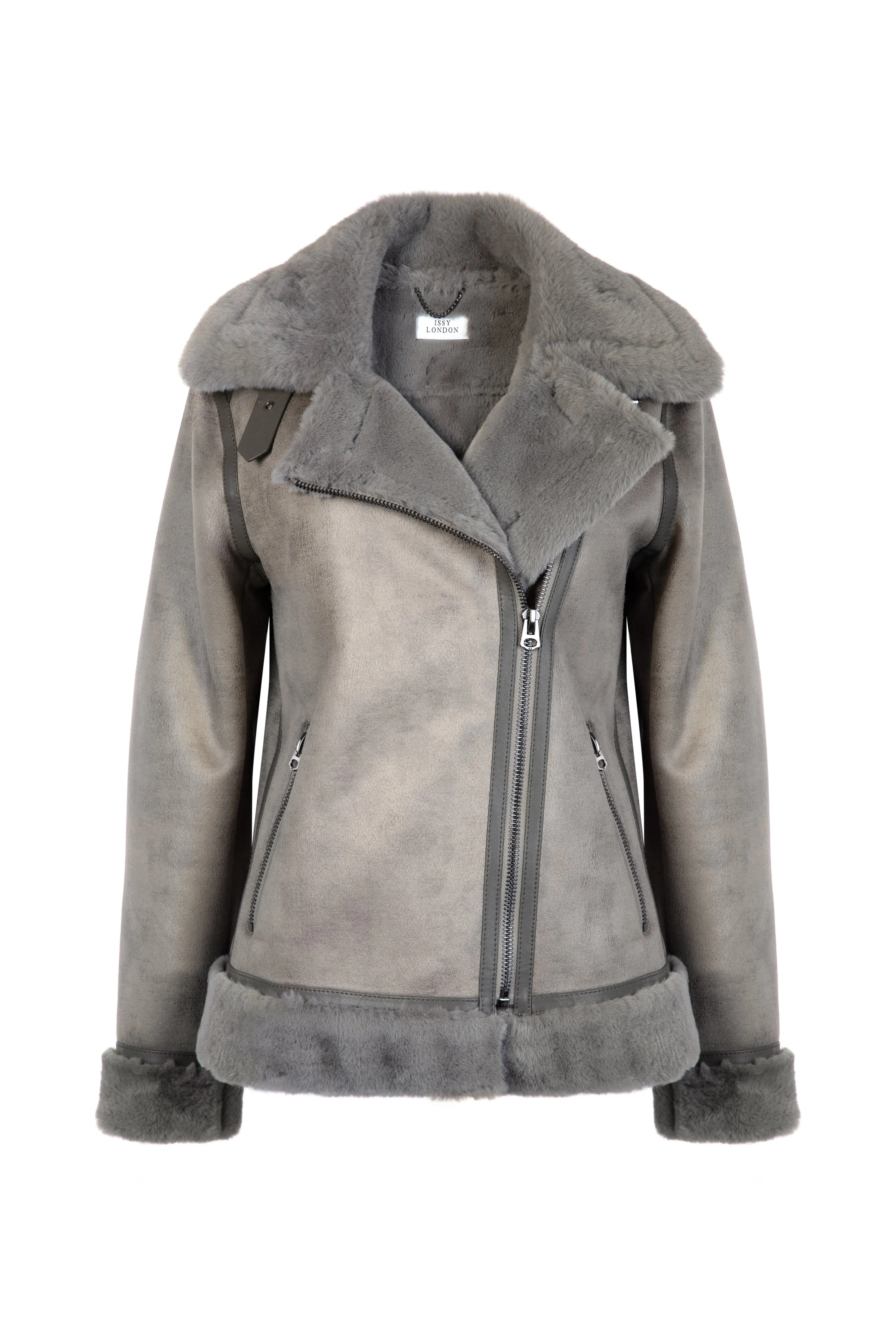 Kate Recycled Vegan Shearling Biker Jacket | Grey