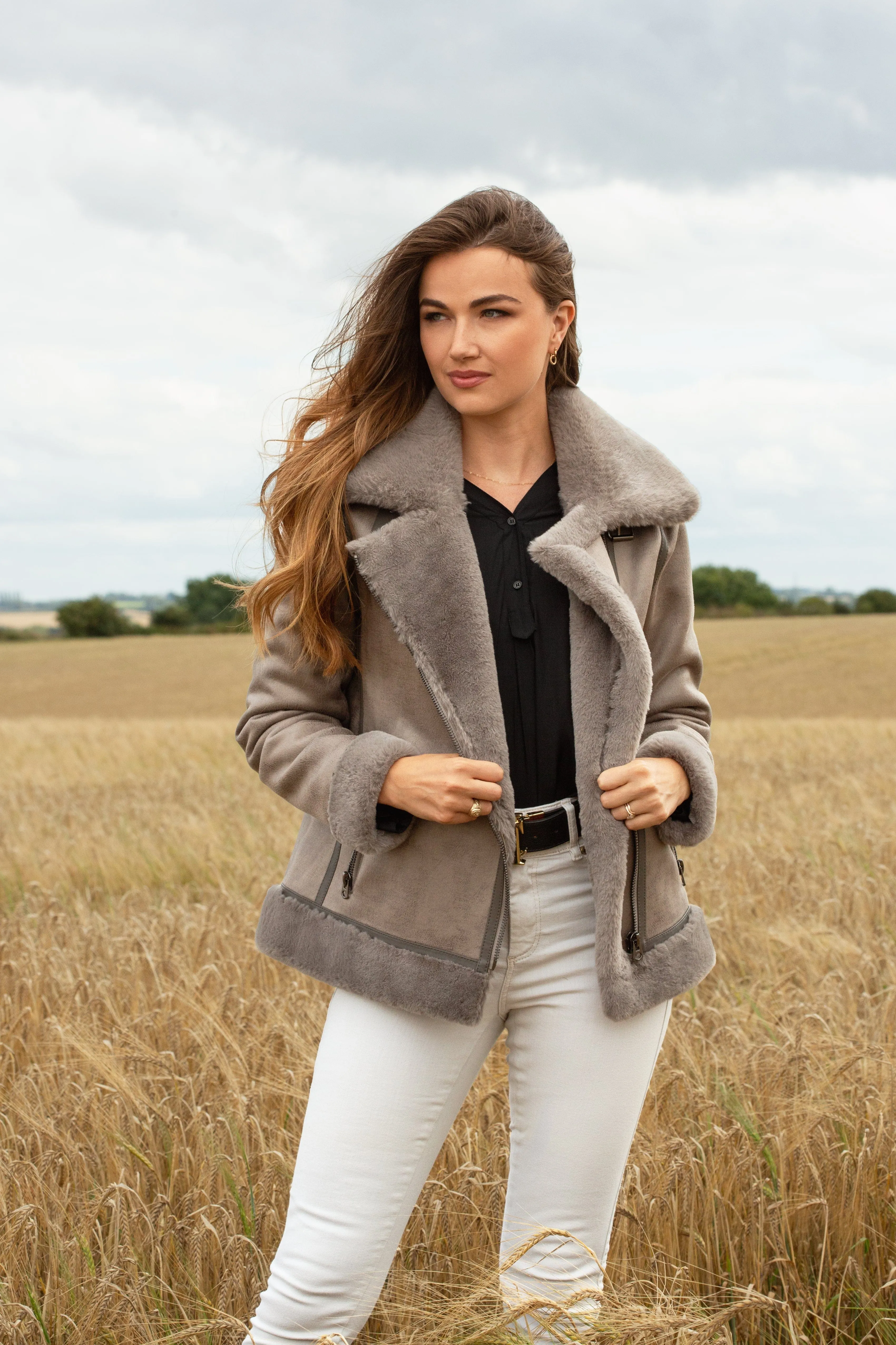 Kate Recycled Vegan Shearling Biker Jacket | Grey