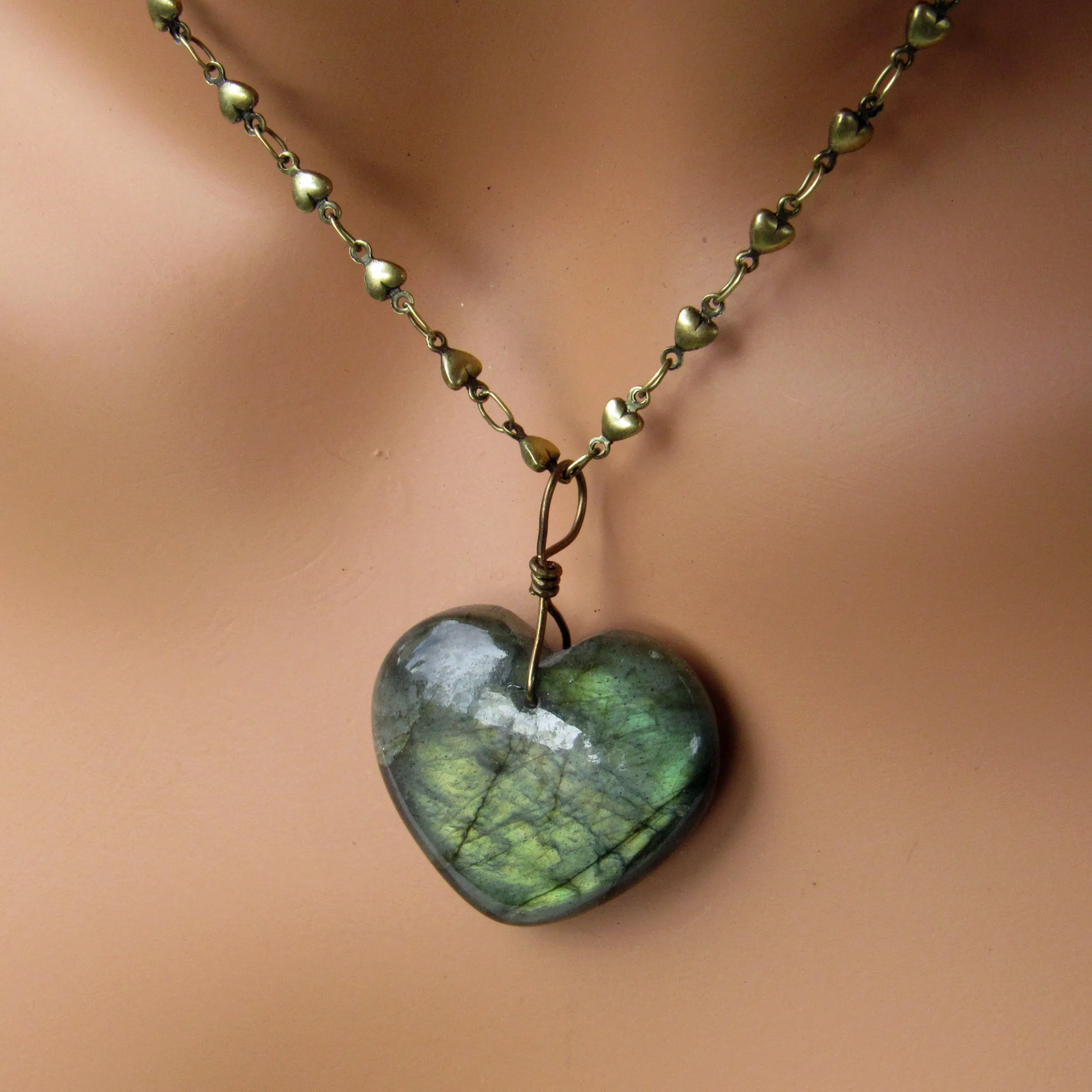 Labradorite gemstone Heart with Brass Heart Chain