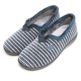 Ladies Fur Trimmed Bedroom Slippers Marine Plumaflex Memory Foam 14212 Blue Stripped