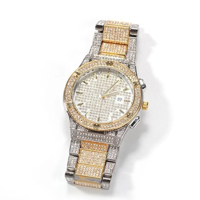 Large Dial Diamond-Studded Stainless Steel Band Fashion Hip-hop Quartz Watch