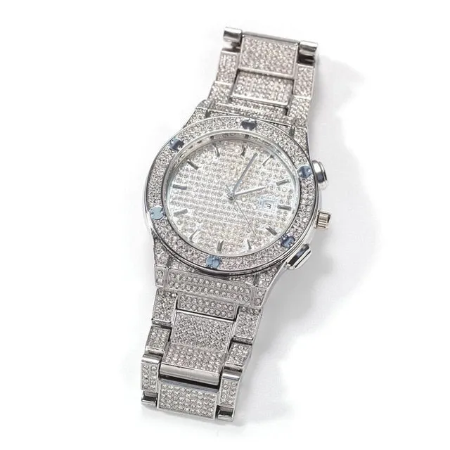 Large Dial Diamond-Studded Stainless Steel Band Fashion Hip-hop Quartz Watch