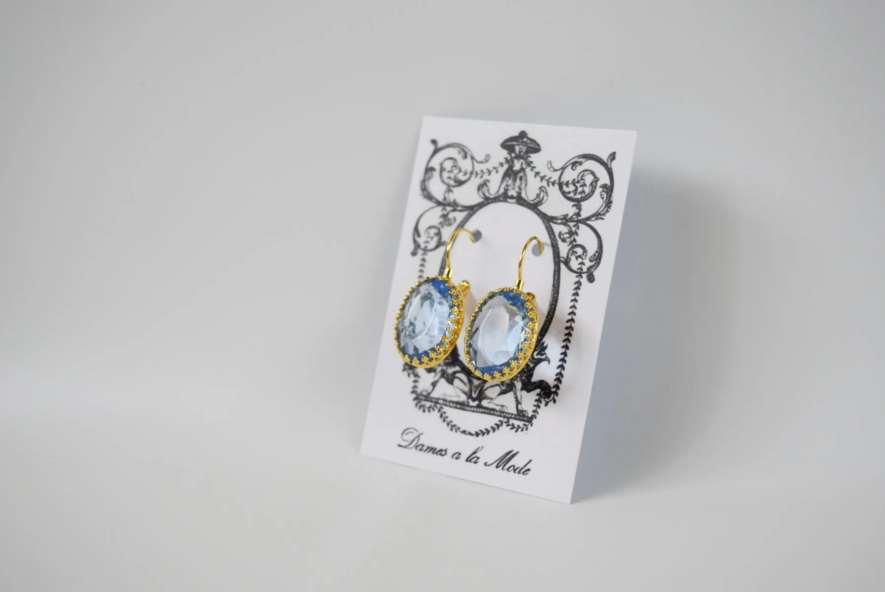 Light Blue Crystal Crown Earrings - Large Ovals