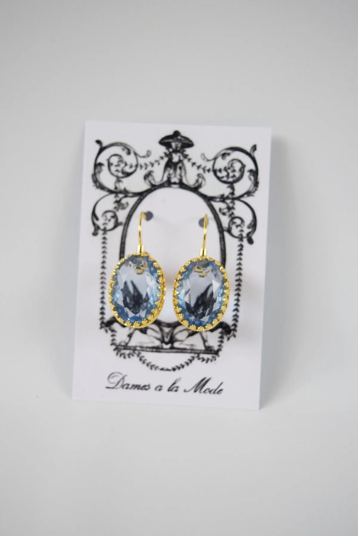 Light Blue Crystal Crown Earrings - Large Ovals