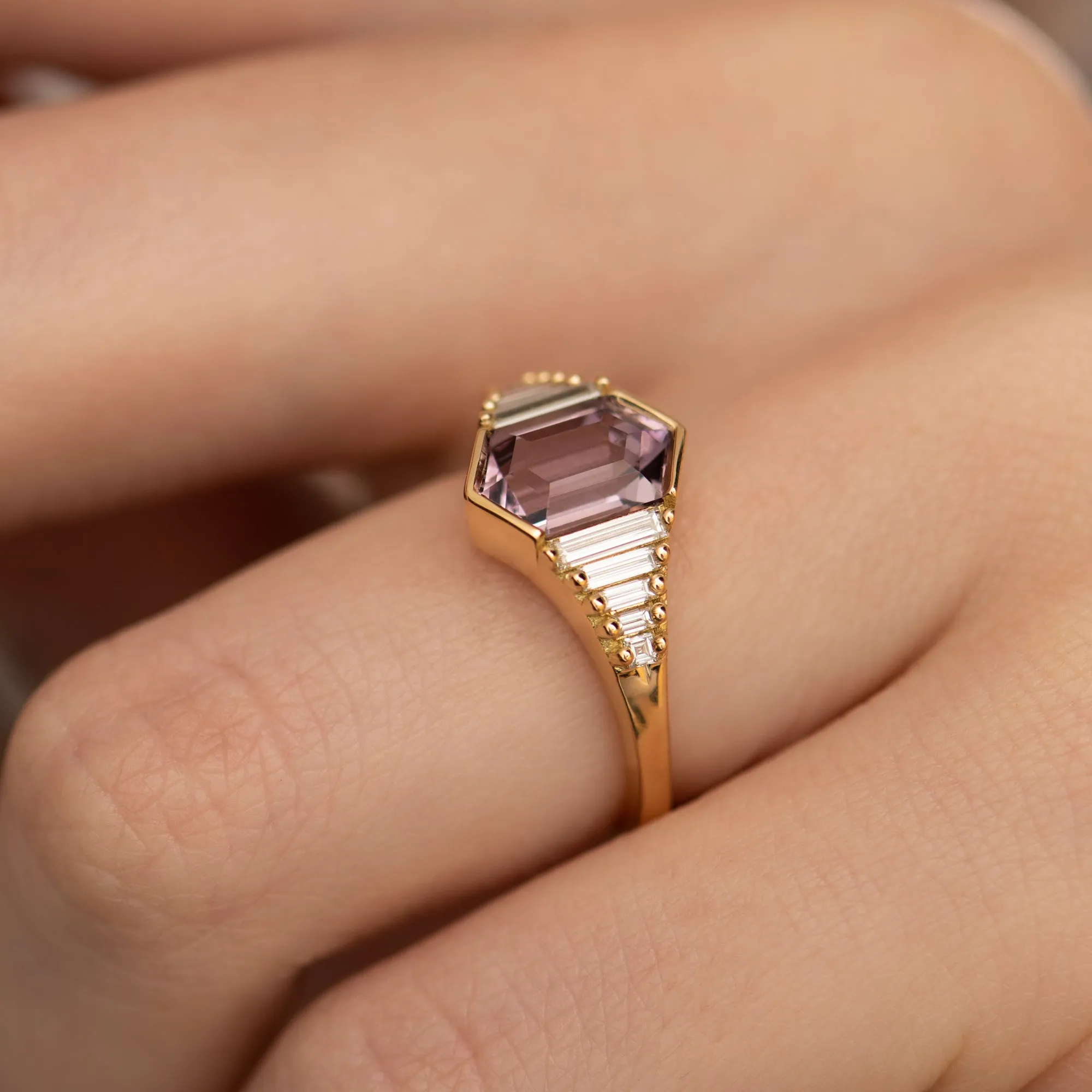 Lilac Engagement Ring with an Elongated Hexagon Spinel and Baguette Diamonds