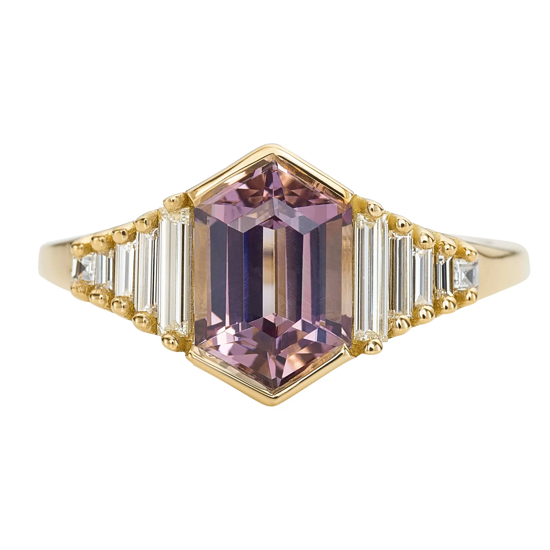 Lilac Engagement Ring with an Elongated Hexagon Spinel and Baguette Diamonds