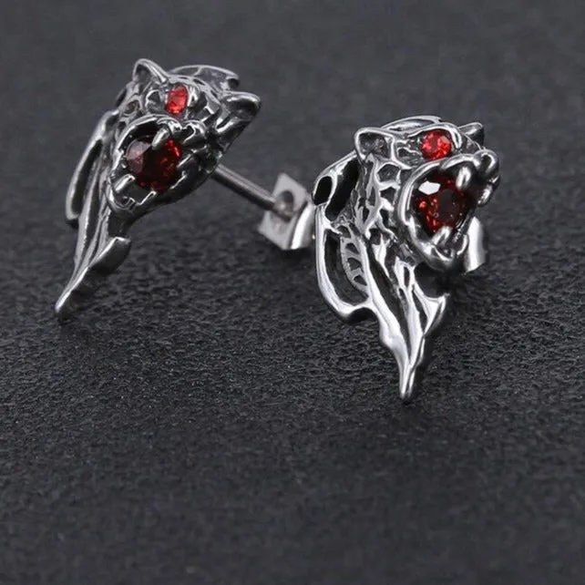 Lion with Red Cubic Zirconia Eyes 316L Stainless Steel Punk Rock Biker Stud Earrings