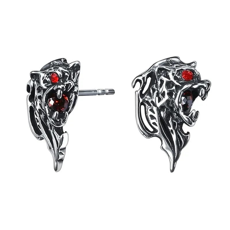 Lion with Red Cubic Zirconia Eyes 316L Stainless Steel Punk Rock Biker Stud Earrings