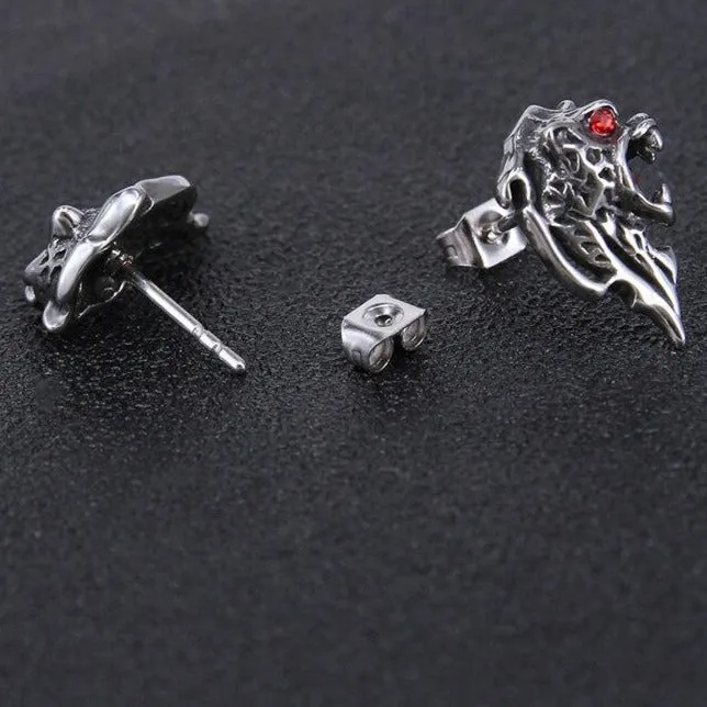 Lion with Red Cubic Zirconia Eyes 316L Stainless Steel Punk Rock Biker Stud Earrings