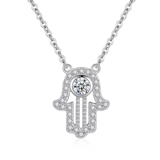 Lucky Hamsa Hand 925 Sterling Silver Long Pendant Necklace