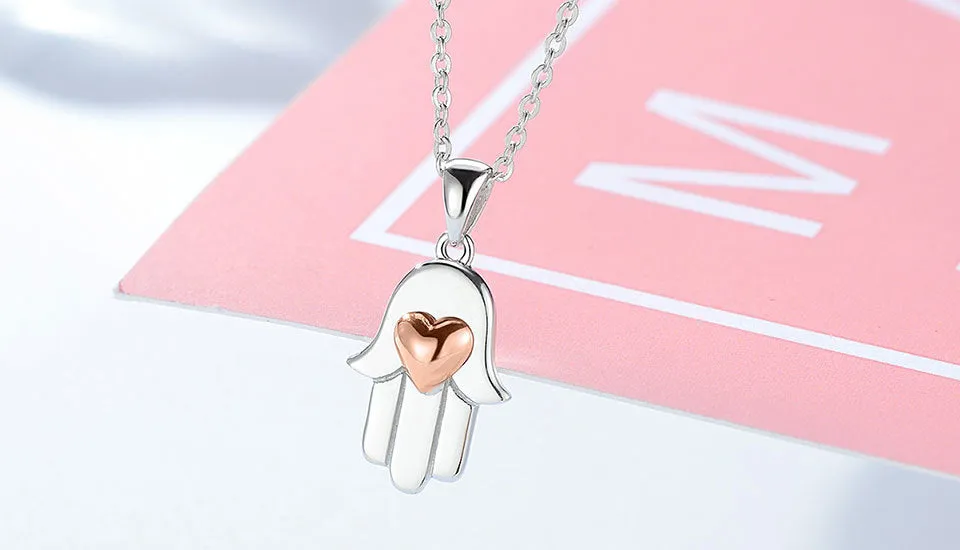 Lucky Hamsa Hand with Rose Gold Heart 925 Sterling Silver Pendant Necklace