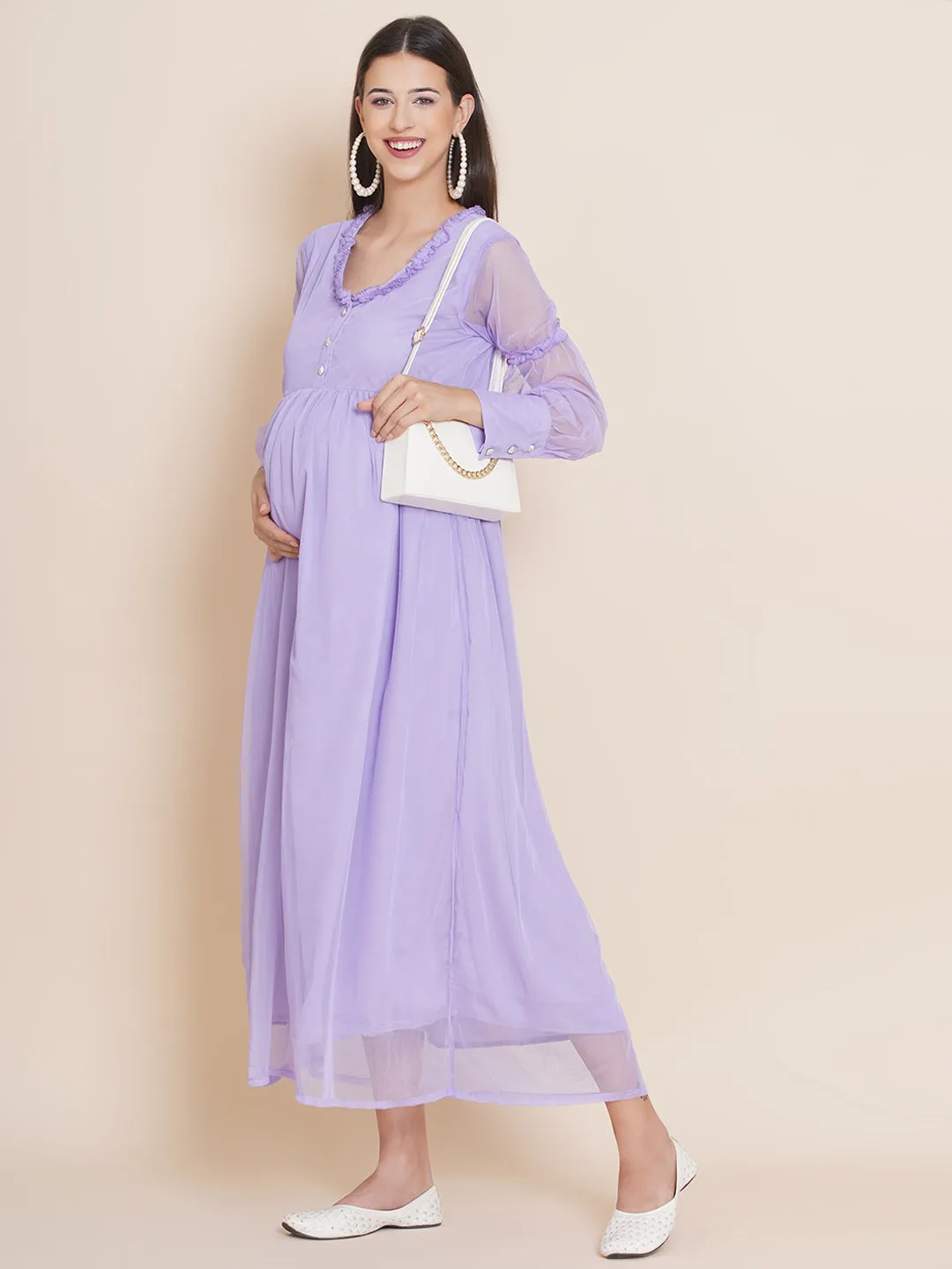 Maternity Solid Lavender Color Maxi Baby Shower Dress