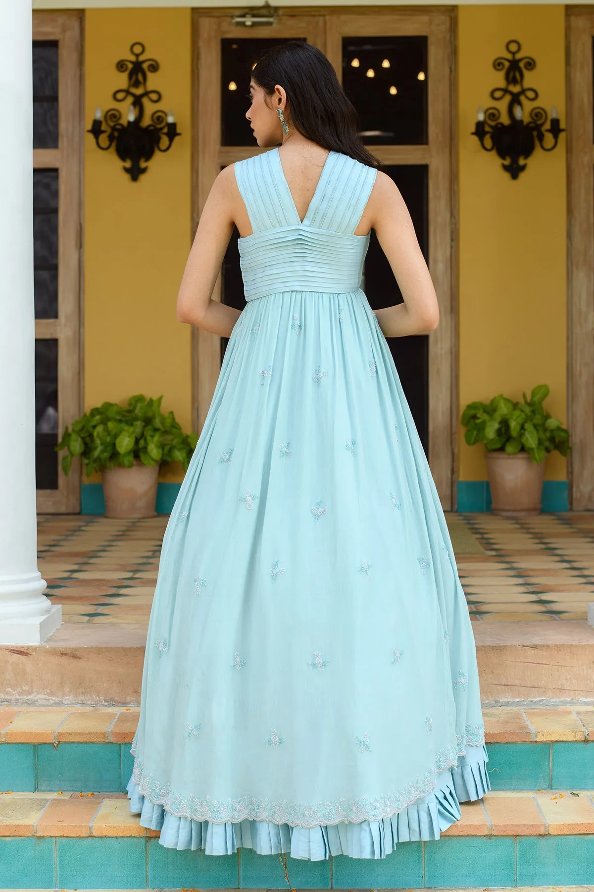 MEHER - Embroidered Vegan Silk Blue Gown