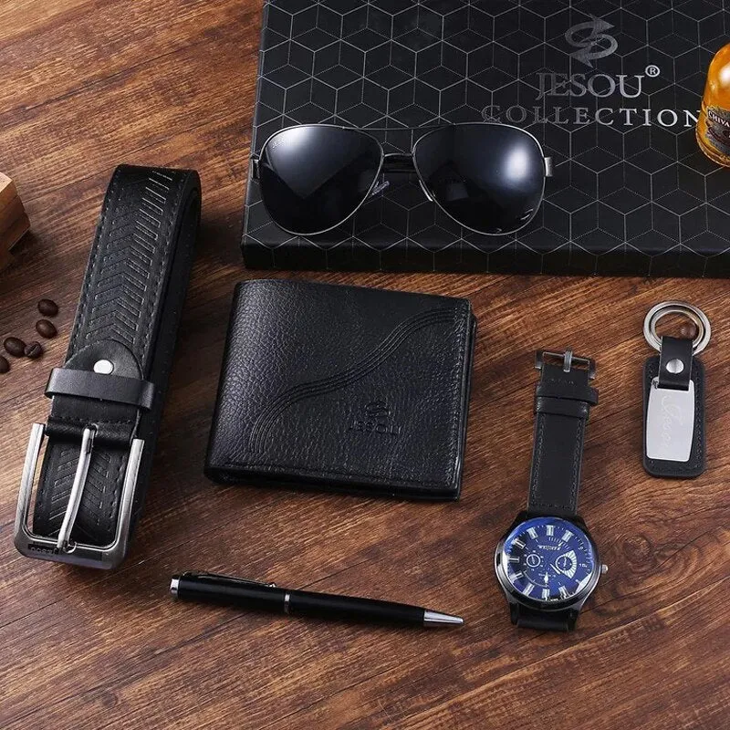 Men Large Dial Quartz Watch, Belt, Folding Wallet, Sunglasses, Keychain, and Ballpoint Pen Gift Set