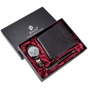 Men Stainless Steel Band Quartz Watch, Folding Wallet, and Ballpoint Pen Gift Set