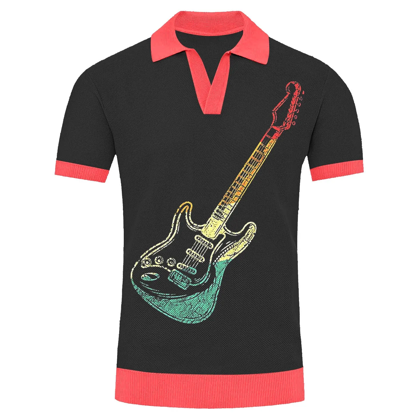 Men's black guitar pattern vintage knit V-neck polo