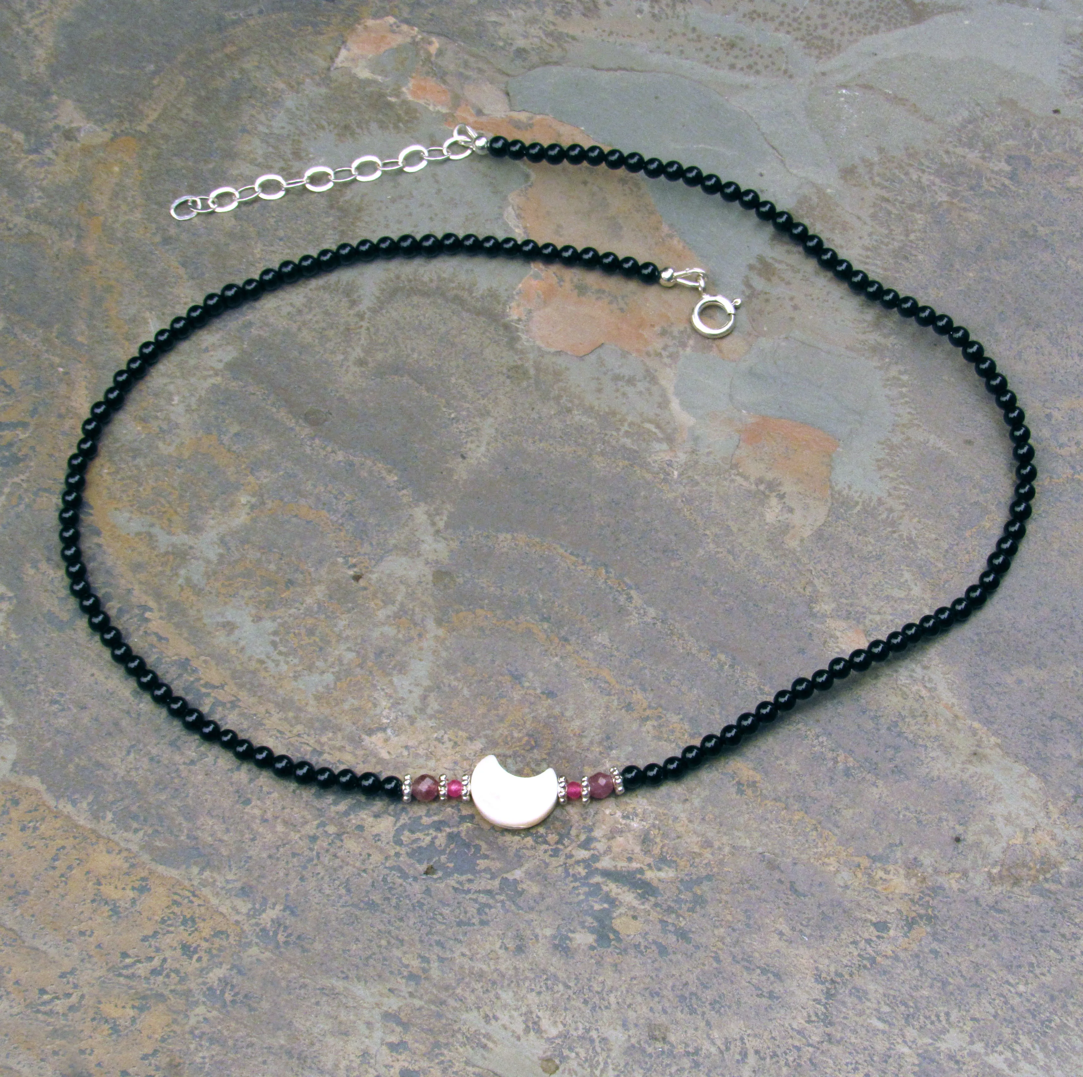 Mother of Pearl Moon Choker w/ Onyx, Pink Tourmaline, Pink Topaz, and Sterling Silver