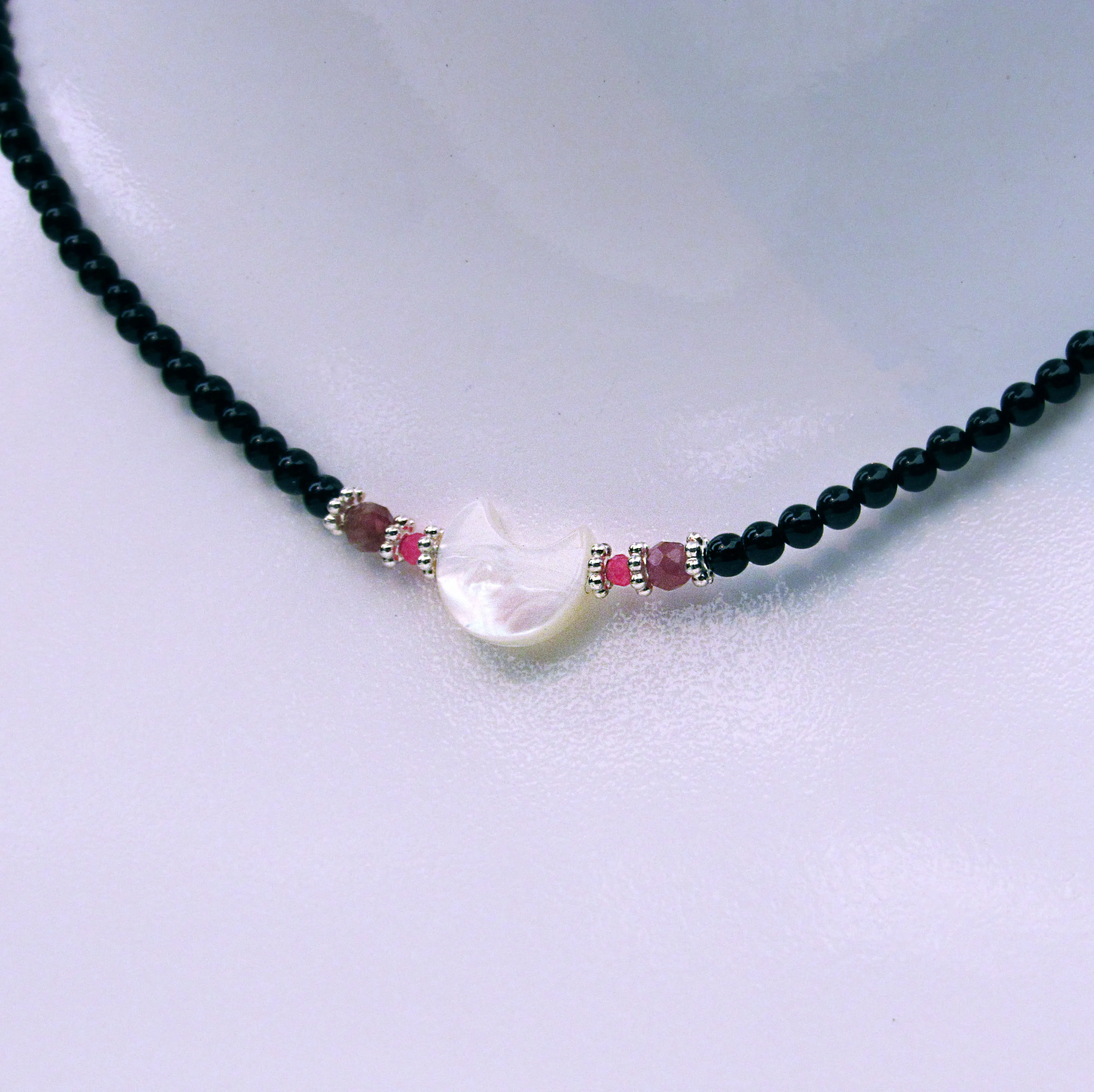 Mother of Pearl Moon Choker w/ Onyx, Pink Tourmaline, Pink Topaz, and Sterling Silver