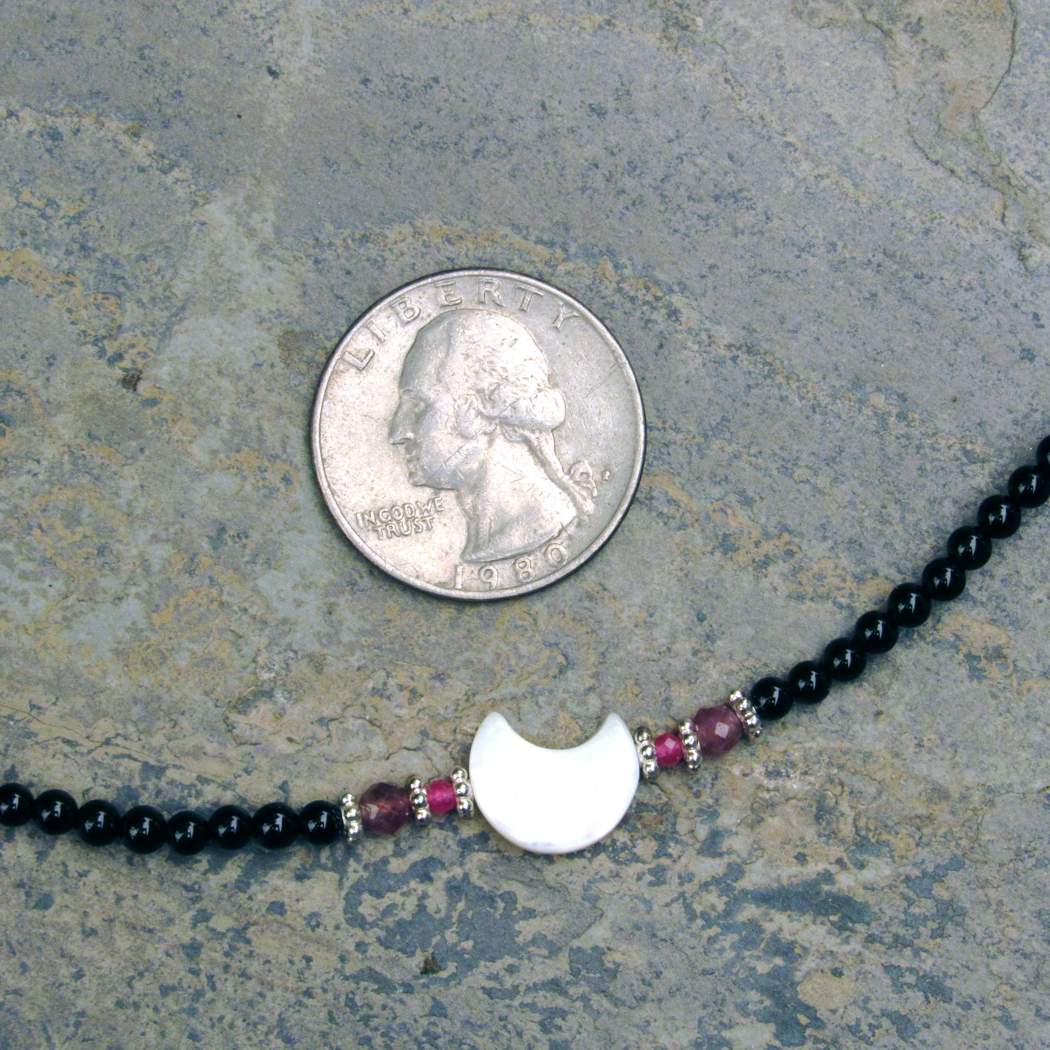 Mother of Pearl Moon Choker w/ Onyx, Pink Tourmaline, Pink Topaz, and Sterling Silver