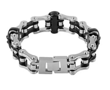 Motorcycle Chain Bracelet Titanium Silver Plated Bracelet with Black Skull