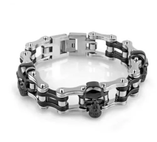 Motorcycle Chain Bracelet Titanium Silver Plated Bracelet with Black Skull