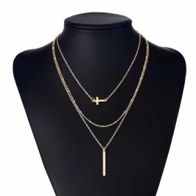 Multilayer Chain Necklace with Horizontal Cross and Long Vertical Plate Pendant