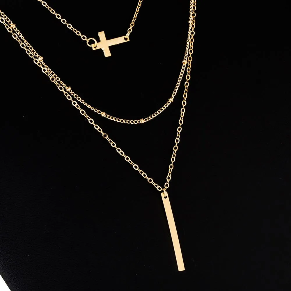 Multilayer Chain Necklace with Horizontal Cross and Long Vertical Plate Pendant