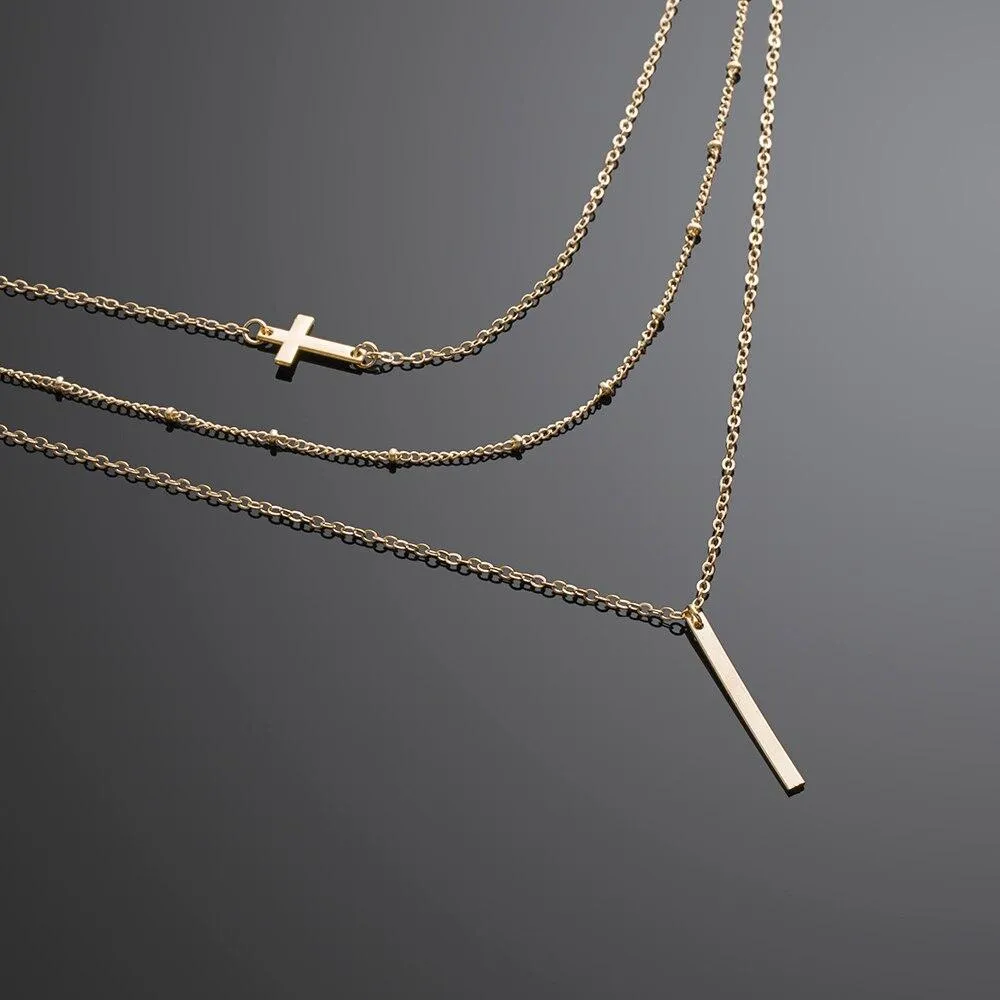 Multilayer Chain Necklace with Horizontal Cross and Long Vertical Plate Pendant