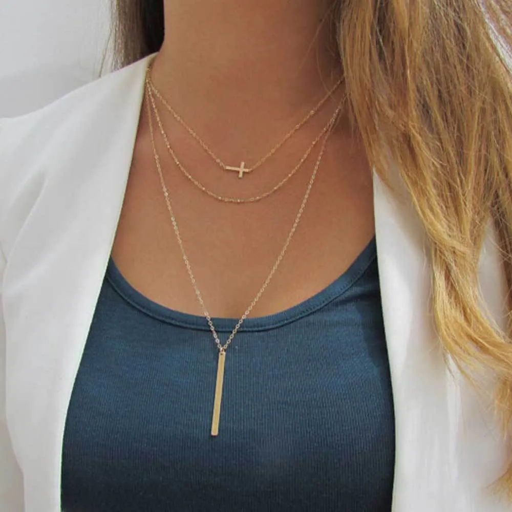 Multilayer Chain Necklace with Horizontal Cross and Long Vertical Plate Pendant