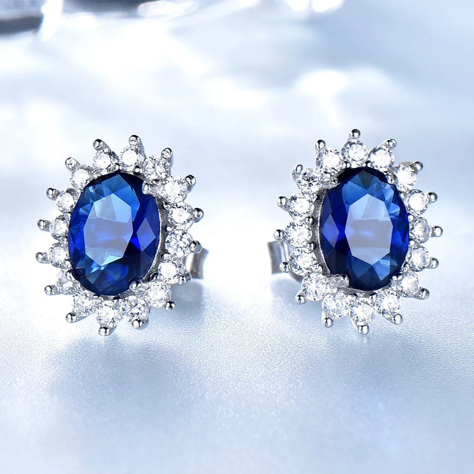 Nano Blue Sapphire and Cubic Zirconia 925 Sterling Silver Pendant, Stud Earrings & Ring Jewelry Set