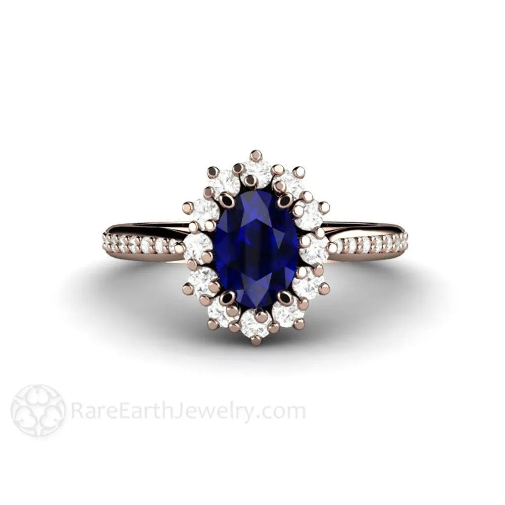 Natural Blue Sapphire Engagement Ring Oval Cluster Diamond Halo