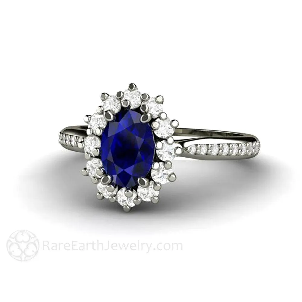 Natural Blue Sapphire Engagement Ring Oval Cluster Diamond Halo