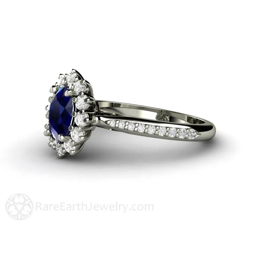 Natural Blue Sapphire Engagement Ring Oval Cluster Diamond Halo