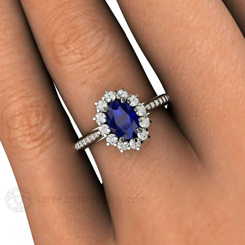 Natural Blue Sapphire Engagement Ring Oval Cluster Diamond Halo