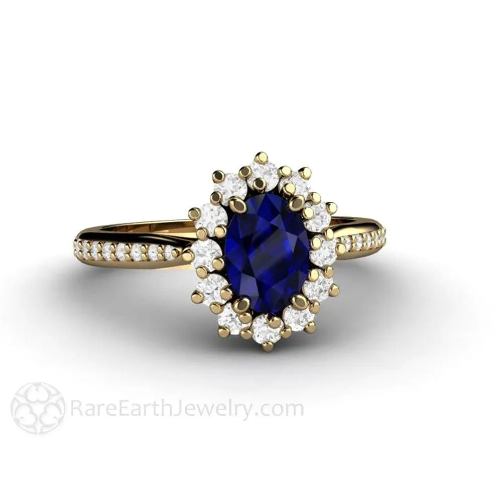 Natural Blue Sapphire Engagement Ring Oval Cluster Diamond Halo