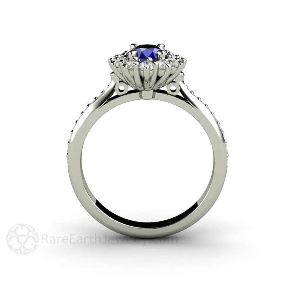 Natural Blue Sapphire Engagement Ring Oval Cluster Diamond Halo