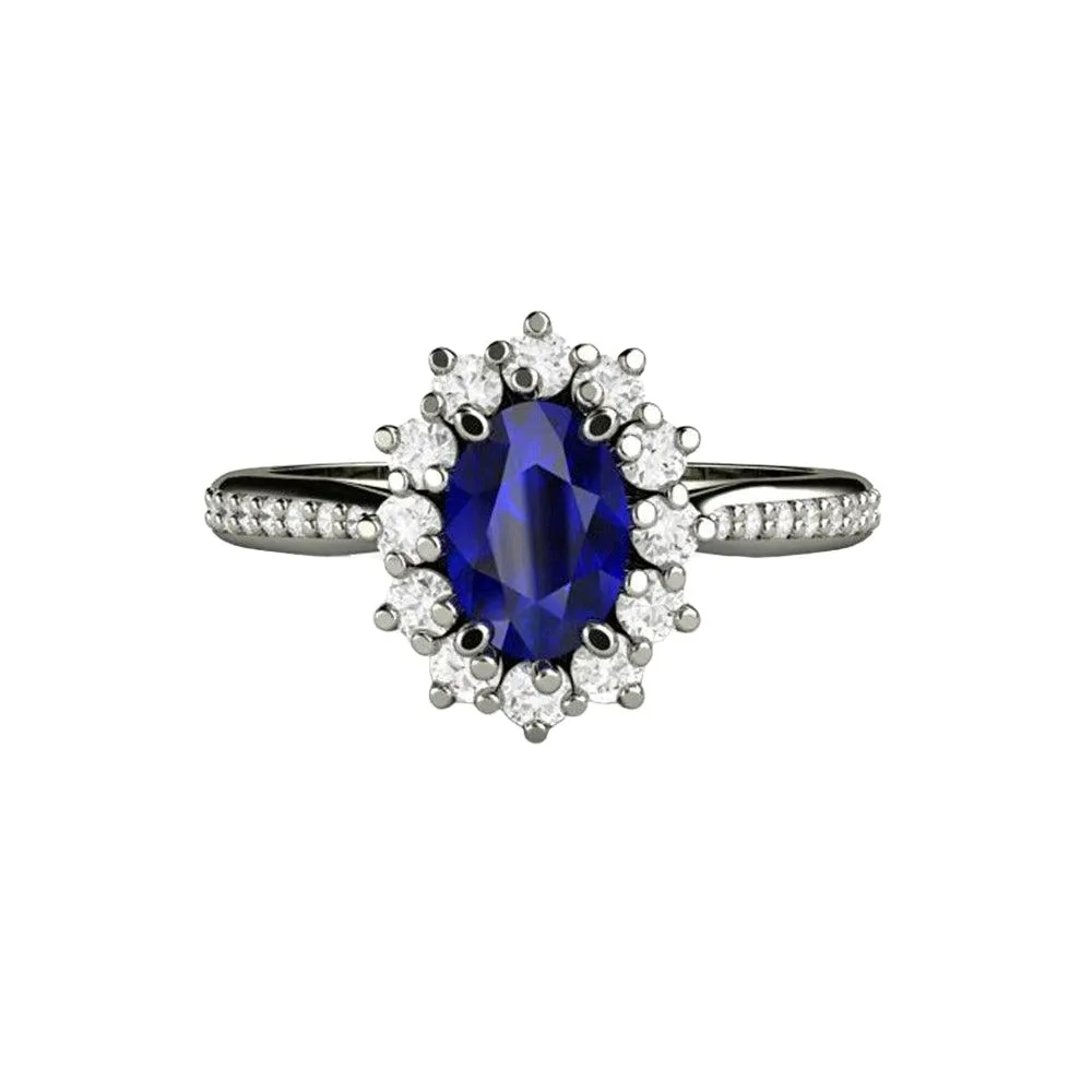 Natural Blue Sapphire Engagement Ring Oval Cluster Diamond Halo