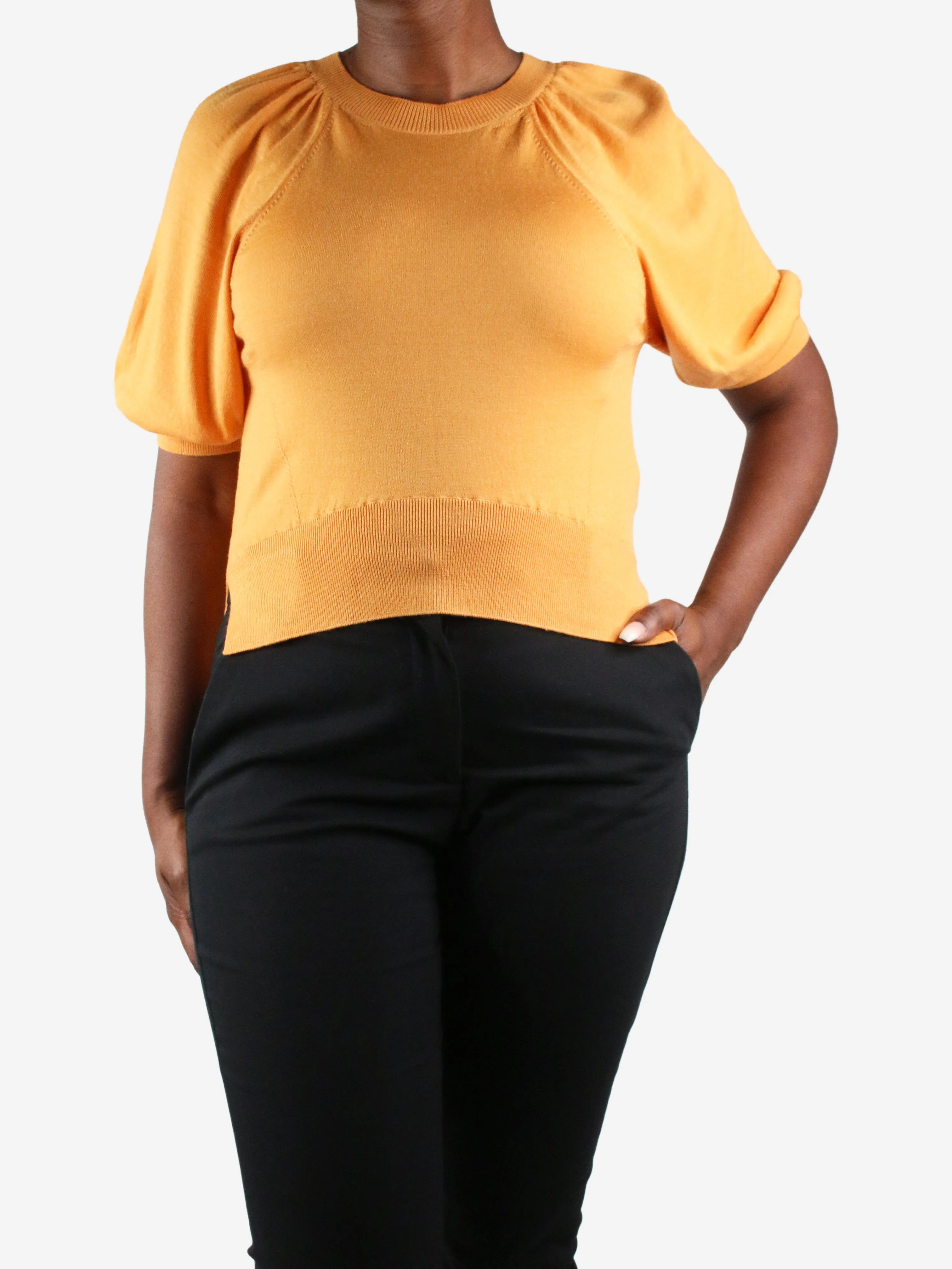 Orange puff-sleeve cropped knitted top - size L