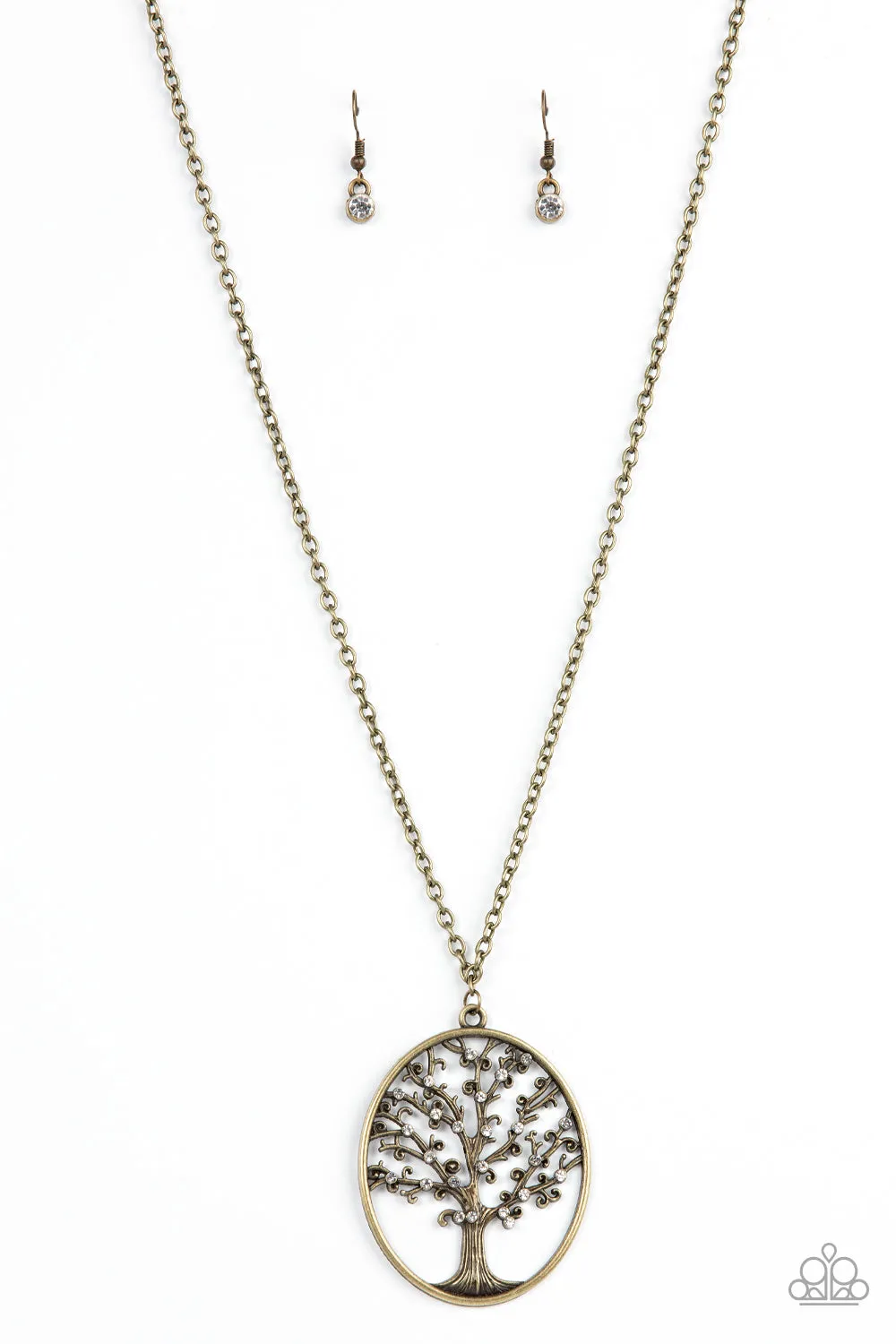 Paparazzi Autumn Abundance - Brass Long Tree Necklace with White Rhinestone