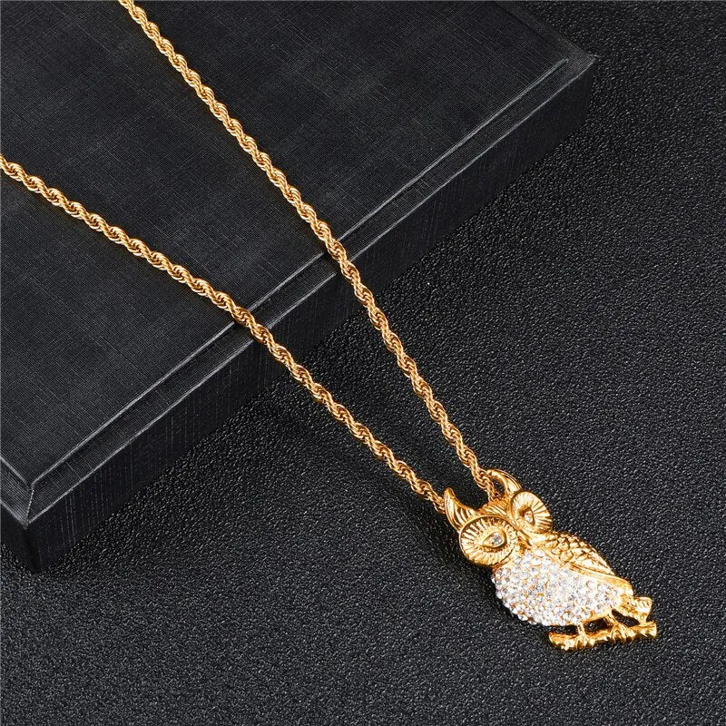 Pave-Set Crystal-Studded Owl Bling Stainless Steel Hip-hop Pendant Necklace