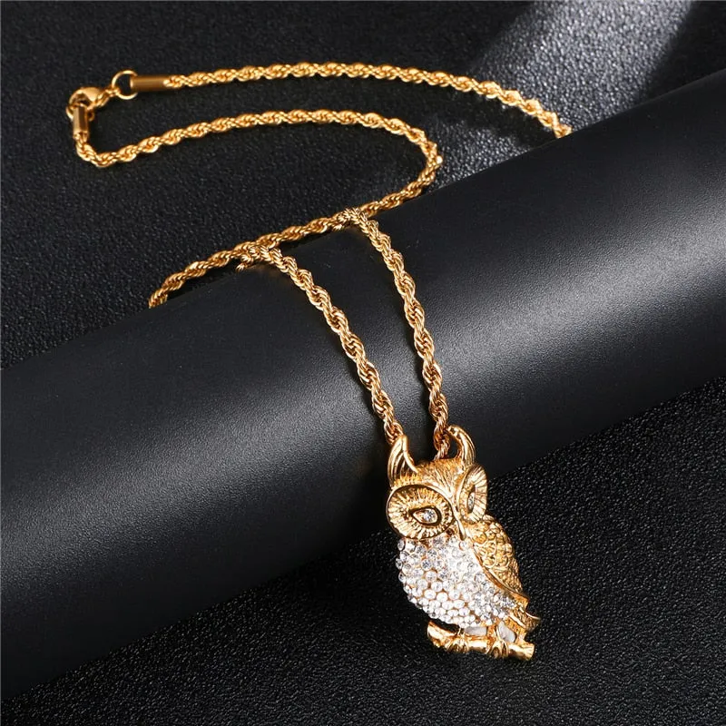 Pave-Set Crystal-Studded Owl Bling Stainless Steel Hip-hop Pendant Necklace