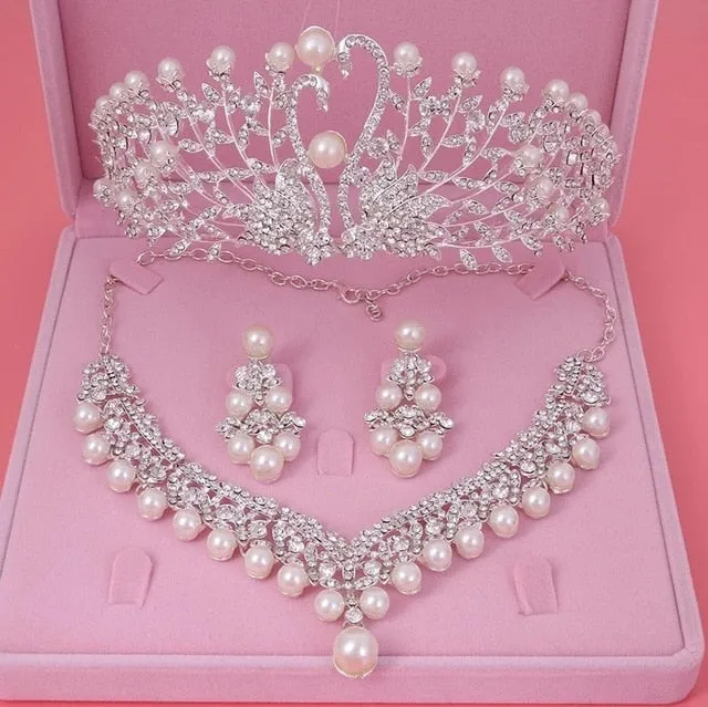 Pearl, Rhinestone and Crystal Tiara, Necklace & Earrings Wedding Jewelry Set