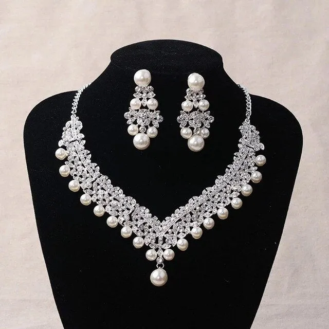 Pearl, Rhinestone and Crystal Tiara, Necklace & Earrings Wedding Jewelry Set