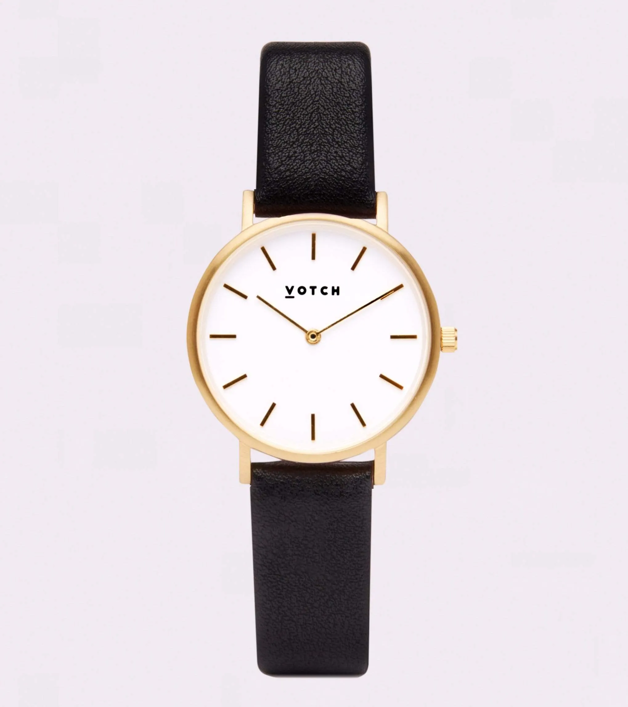 Petite Watch with Gold & White Dial | Black Vegan Leather Strap